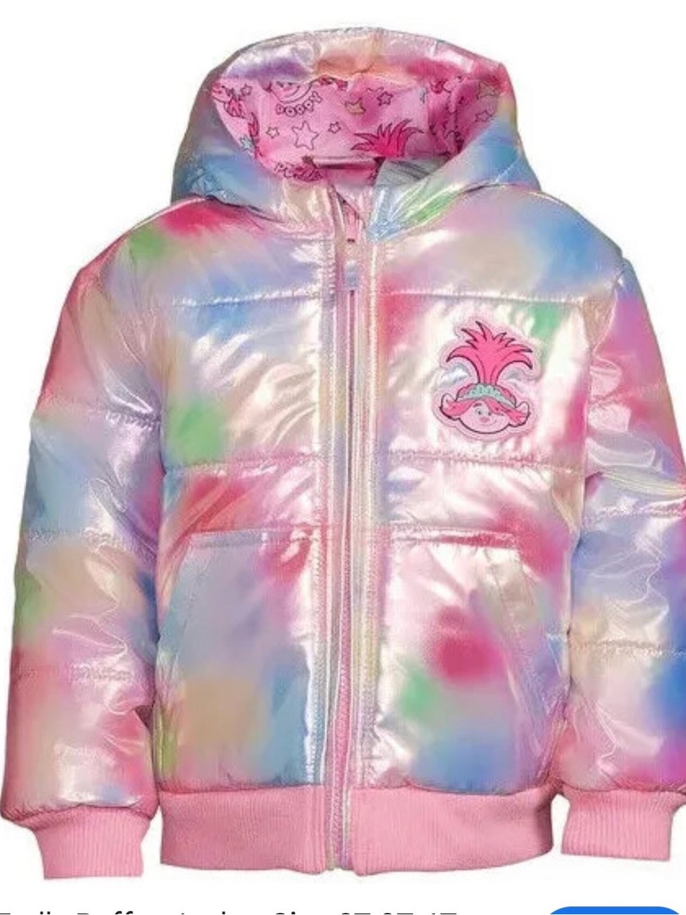 Trolls Toddler Girl Iridescent Puffer Jacket with Hood & Poppy Embellishment|2T